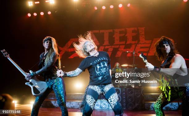 Lexxi Foxxx, Michael Starr and Satchel of Steel Panther Steel Panther performs at Eventim Apollo, Hammersmith on January 26, 2018 in London, England.