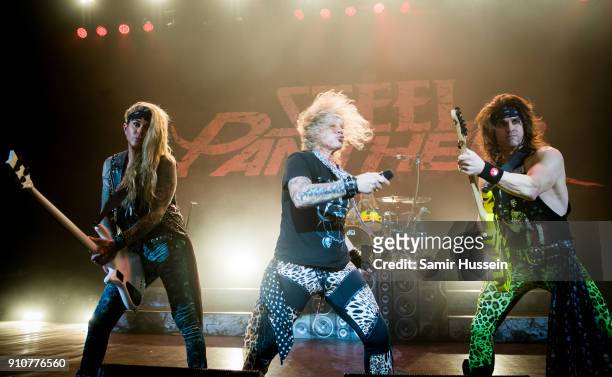 Lexxi Foxxx, Michael Starr and Satchel of Steel Panther Steel Panther performs at Eventim Apollo, Hammersmith on January 26, 2018 in London, England.