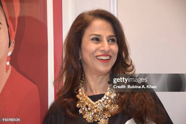 Author and columnist Shobhaa De at Dilip De's Smartphone School Of Art Exhibit 'Celebration Of The Unexpected' at Jehangir Art Gallery on January 26,...