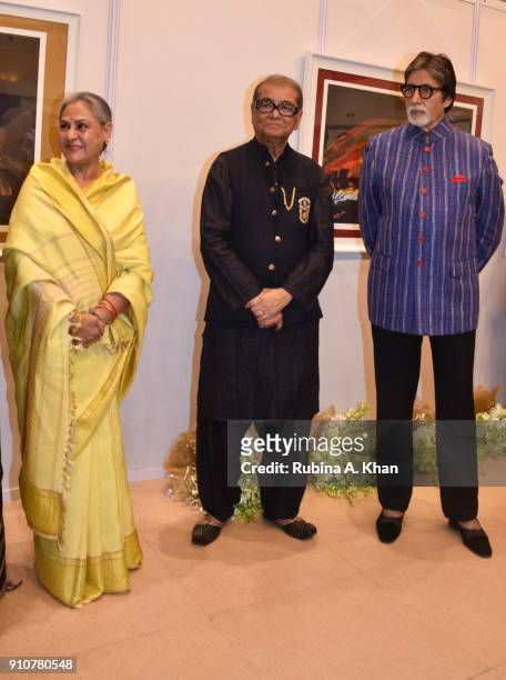 Jaya Bachchan, Dilip De and Amitabh Bachchan at De's Smartphone School Of Art Exhibit 'Celebration Of The Unexpected' at Jehangir Art Gallery on...