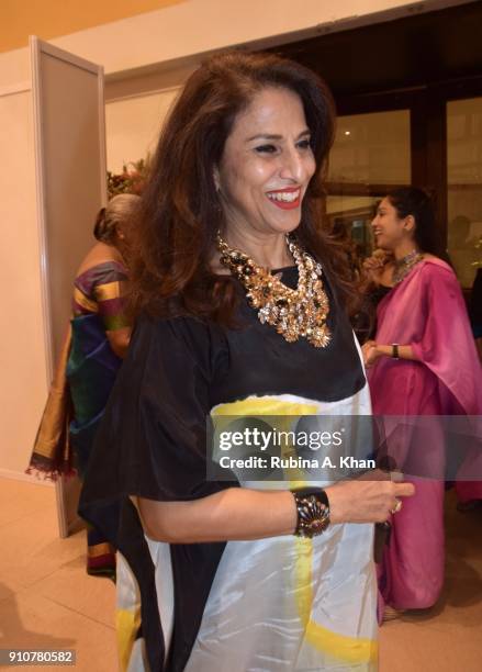 Author and columnist Shobhaa De at Dilip De's Smartphone School Of Art Exhibit 'Celebration Of The Unexpected' at Jehangir Art Gallery on January 26,...