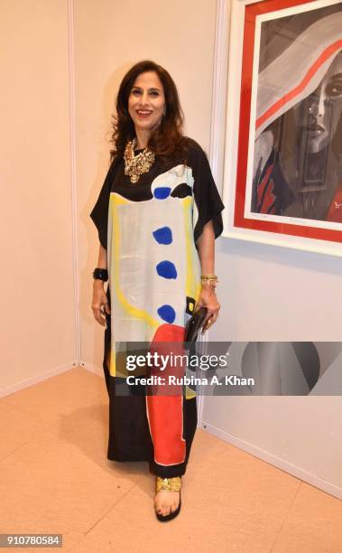 Author and columnist Shobhaa De at Dilip De's Smartphone School Of Art Exhibit 'Celebration Of The Unexpected' at Jehangir Art Gallery on January 26,...