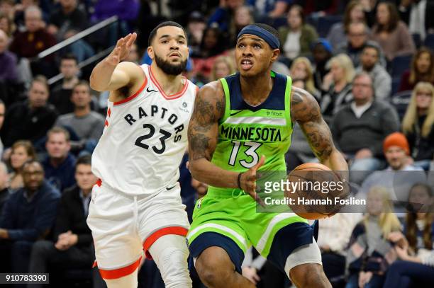 Marcus Georges-Hunt of the Minnesota Timberwolves drives to the basket against Fred VanVleet of the Toronto Raptors during the game on January 20,...