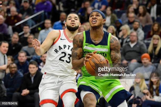 Marcus Georges-Hunt of the Minnesota Timberwolves shoots the ball against Fred VanVleet of the Toronto Raptors during the game on January 20, 2018 at...