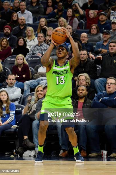 Marcus Georges-Hunt of the Minnesota Timberwolves shoots the ball against the Toronto Raptors during the game on January 20, 2018 at the Target...