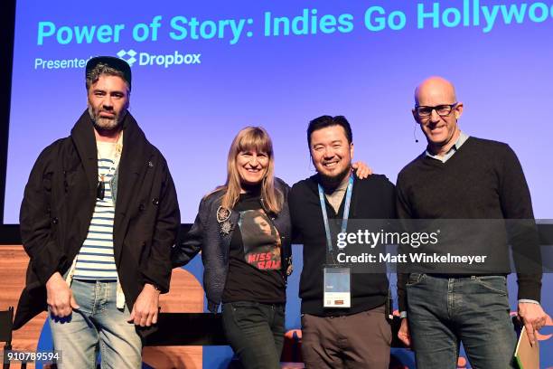 Taika Waititi, Catherine Hardwicke, Justin Lin, and John Horn attend the 2018 Sundance Film Festival Power of Story Panel Indies Go Hollywood at...