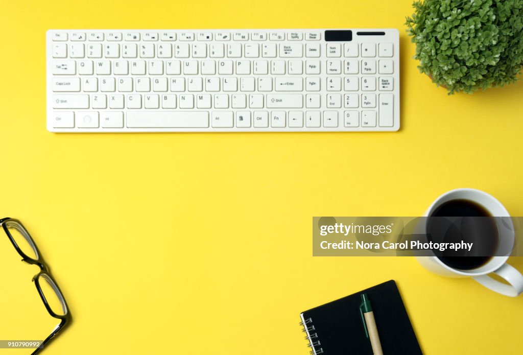 Yellow Desk Top Computer Modern Yellow Office Desk With Computer Keyboard High-Res Stock Photo ...