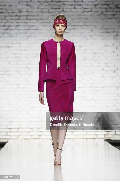 Model walks the runway at the Sabrina Persechino show during Altaroma on January 26, 2018 in Rome, Italy.