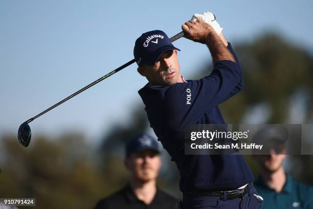 Jonathan Byrd plays his shot from the second tee during the second round of the Farmers Insurance Open at Torrey Pines South on January 26, 2018 in...