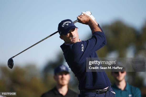 Jonathan Byrd plays his shot from the second tee during the second round of the Farmers Insurance Open at Torrey Pines South on January 26, 2018 in...