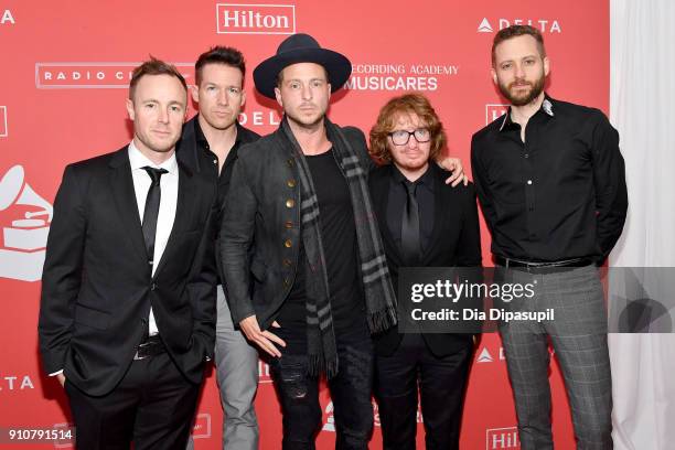 Eddie Fisher, Zach Filkins, Ryan Tedder, Drew Brown, and Brent Kutzle of music group OneRepublic attend MusiCares Person of the Year honoring...