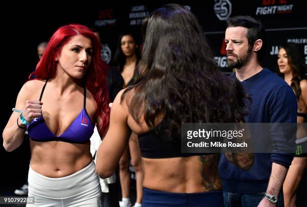 Randa Markos of Iraq and Juliana Lima face off during a UFC Fight Night weigh-in on January 26, 2018 in Charlotte, North Carolina.