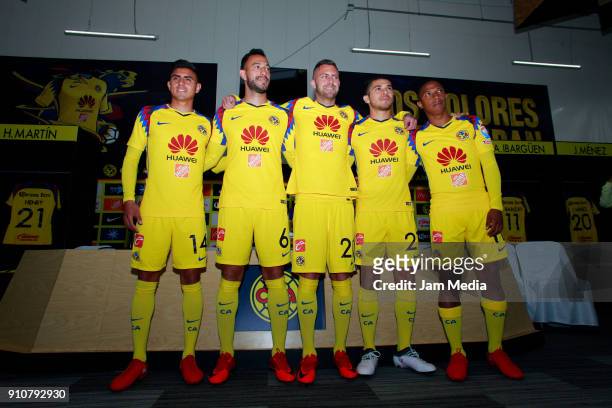 Joe Corona ,Victor Aguilera ,Jeremy Menez, Henry Martin and Andres Ibarguen pose during the press conference to announce Club America's new players...