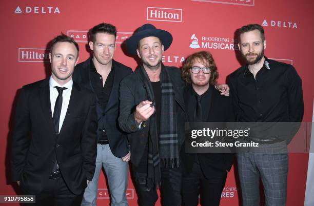 Musicians Eddie Fisher, Zach Filkins, Ryan Tedder, Drew Brown, and Brent Kutzle of One Republic attend MusiCares Person of the Year honoring...