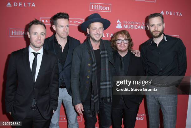 Musicians Eddie Fisher, Zach Filkins, Ryan Tedder, Drew Brown, and Brent Kutzle of One Republic attend MusiCares Person of the Year honoring...