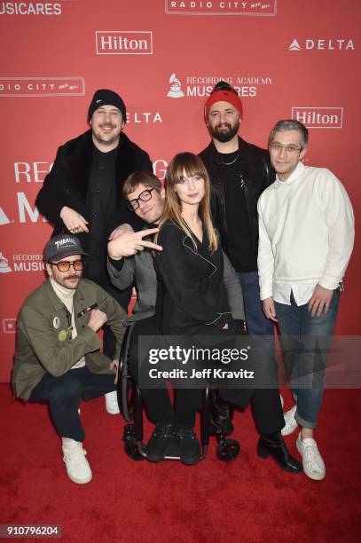 Zachary Scott Carothers, John Gourley, Jason Sechrist, Zoe Manville, Eric Howk, and Kyle O'Quin of music group Portugal. The Man attend MusiCares...
