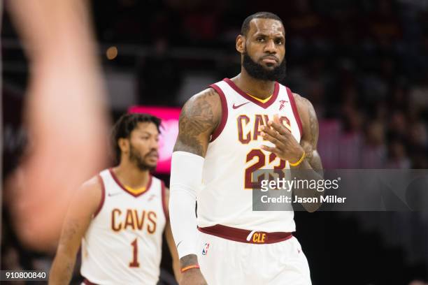LeBron James of the Cleveland Cavaliers gestures a teammate to during the first half against the Indiana Pacers at Quicken Loans Arena on January 26,...