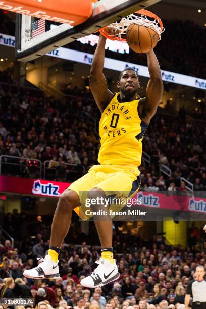 Alex Poythress of the Indiana Pacers dunks during the first half against the Cleveland Cavaliers at Quicken Loans Arena on January 26, 2018 in...