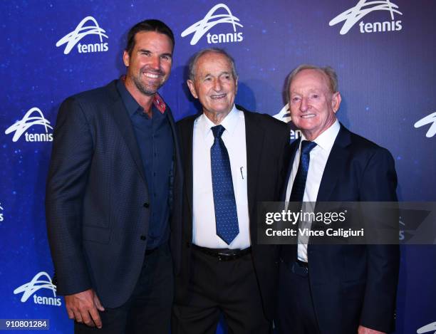 Pat Rafter, Mal Anderson and Rod Laver attend Legends lunch on day 13 of the 2018 Australian Open at Melbourne Park on January 27, 2018 in Melbourne,...