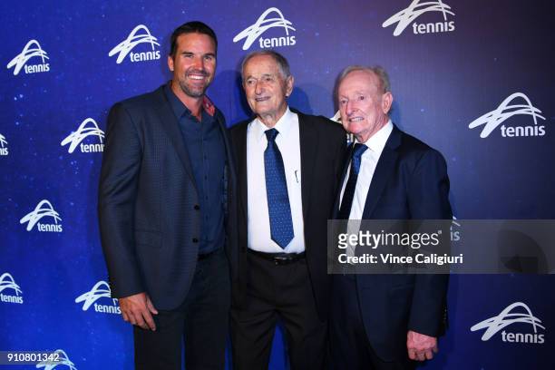 Pat Rafter, Mal Anderson and Rod Laver attend Legends lunch on day 13 of the 2018 Australian Open at Melbourne Park on January 27, 2018 in Melbourne,...