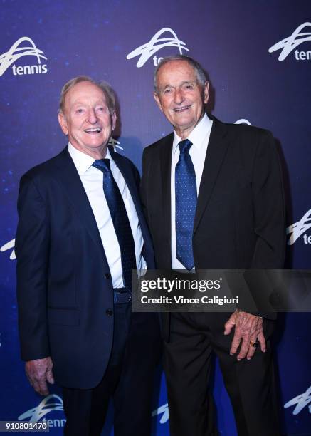Mal Anderson poses with Rod Laver at the Annual Legends lunch on day 13 of the 2018 Australian Open at Melbourne Park on January 27, 2018 in...