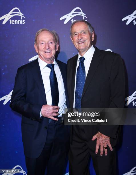 Mal Anderson poses with Rod Laver at the Annual Legends lunch on day 13 of the 2018 Australian Open at Melbourne Park on January 27, 2018 in...