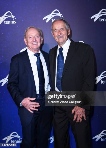 Mal Anderson poses with Rod Laver at the Annual Legends lunch on day 13 of the 2018 Australian Open at Melbourne Park on January 27, 2018 in...