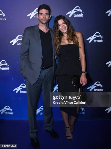 Mark Philippoussis and wife Silvana pose at The annual Legends Lunch on day 13 of the 2018 Australian Open at Melbourne Park on January 27, 2018 in...