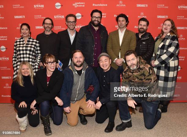 Front row: Co-producer Amy Jarvela, executive producer Theodora Dunlap, editor Patrick Coleman, cinematographer Eric Lin, actor Nick Offerman, back...