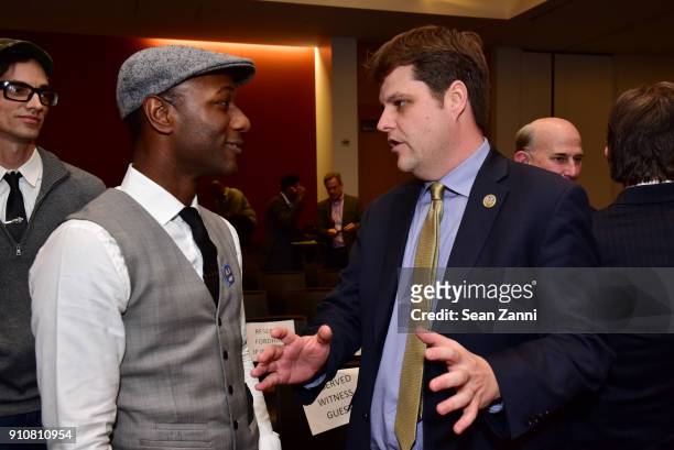 Aloe Blacc and Matt Gaetz attend 60th Annual GRAMMY Awards - House Judiciary Hearing at Fordham Law School on January 26, 2018 in New York City.