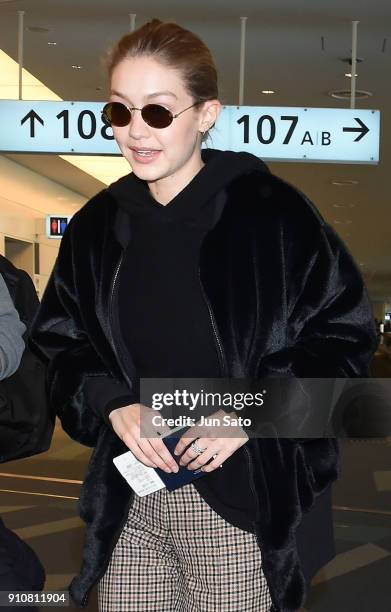 Gigi Hadid is seen at Haneda Airport on January 27, 2018 in Tokyo, Japan.