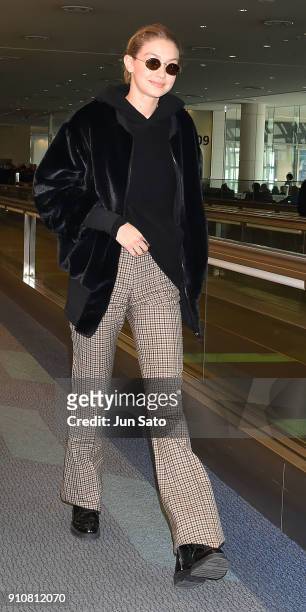 Gigi Hadid is seen at Haneda Airport on January 27, 2018 in Tokyo, Japan.