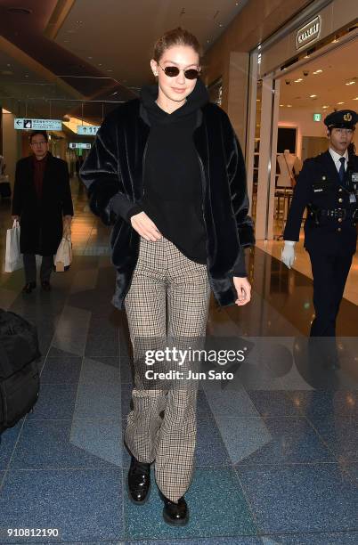 Gigi Hadid is seen at Haneda Airport on January 27, 2018 in Tokyo, Japan.