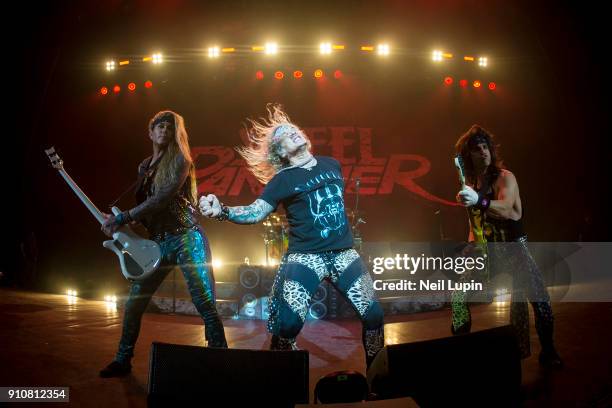 Lexxi Foxxx, Michael Starr and Satchel of Steel Panther perform at Eventim Apollo, Hammersmith on January 26, 2018 in London, England.