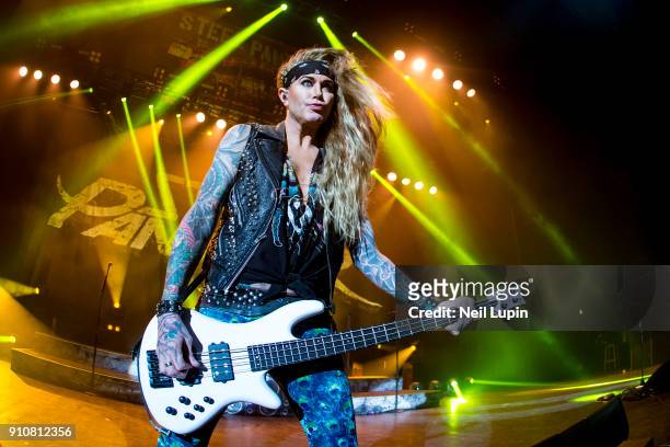 Lexi Foxxx of Steel Panther performs at Eventim Apollo, Hammersmith on January 26, 2018 in London, England.