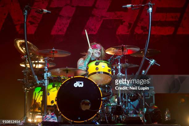 Stix Zadinia of Steel Panther performs at Eventim Apollo, Hammersmith on January 26, 2018 in London, England.