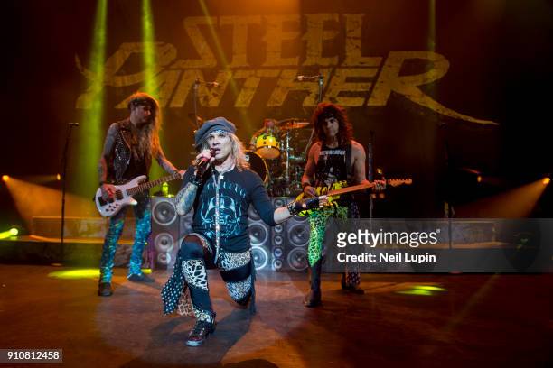 Lexxi Foxxx, Stix Zadinia, Michael Starr and Satchel of Steel Panther perform at Eventim Apollo, Hammersmith on January 26, 2018 in London, England.