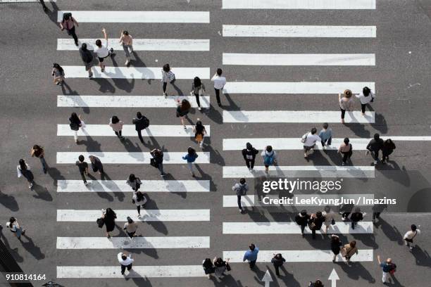 aerial view of busy crosswalk with people, seoul, korea - people aerial view stockfoto's en -beelden