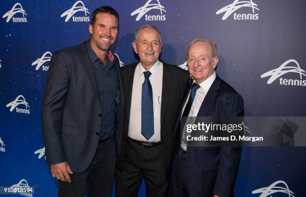 Mal Anderson, Australian tennis great with Pat Rafter and Rod Laver attend the Annual Legends lunch at the Grand Hyatt hotel on day 13 of the 2018...