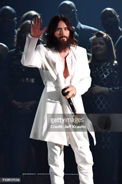 Actor-singer Jared Leto performs onstage during MusiCares Person of the Year honoring Fleetwood Mac at Radio City Music Hall on January 26, 2018 in...