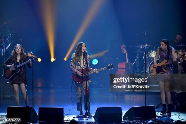 Recording artists Alana Haim, Danielle Haim, and Este Haim of music group Haim perform onstage during MusiCares Person of the Year honoring Fleetwood...