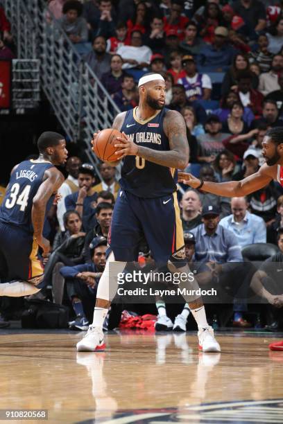 DeMarcus Cousins of the New Orleans Pelicans handles the ball against the Houston Rockets on January 26, 2018 at Smoothie King Center in New Orleans,...