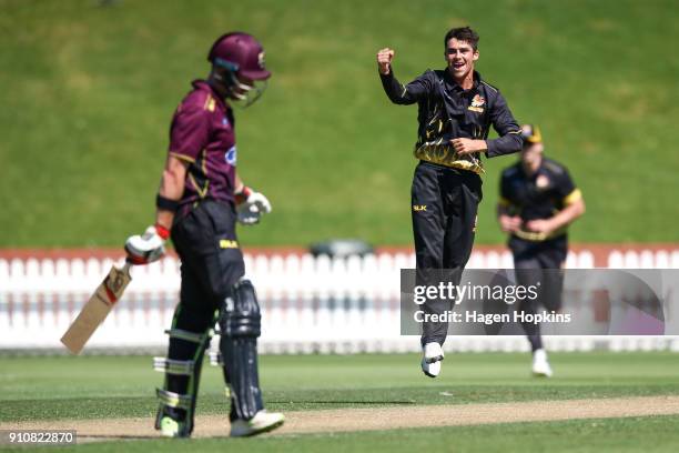 Peter Younghusband of the Firebirds celebrates after taking the wicket of Nick Kelly of Northern Districts during the Ford Trophy match between the...