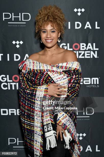 Violinist Ezinma attends a pre-Grammy celebration co-hosted by Global Citizen, Tidal, and French Montana at Ph-D Rooftop Lounge at Dream Downtown on...