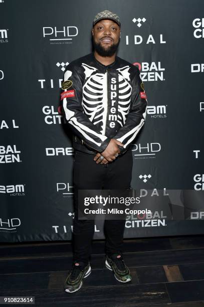 Singer Donae'o attends a pre-Grammy celebration co-hosted by Global Citizen, Tidal, and French Montana at Ph-D Rooftop Lounge at Dream Downtown on...