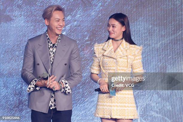 Actor William Chan and actress Lin Yun attend the press conference of film 'Genghis Khan' on January 26, 2018 in Beijing, China.