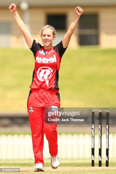 Maitlan Brown of the Renegades celebrates a wicket during the Women's Big Bash League match between the Melbourne Renegades and the Perth Scorchers...