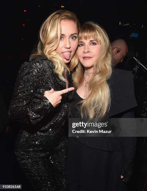Musicians Miley Cyrus and honoree Stevie Nicks of Fleetwood Mac attend MusiCares Person of the Year honoring Fleetwood Mac at Radio City Music Hall...