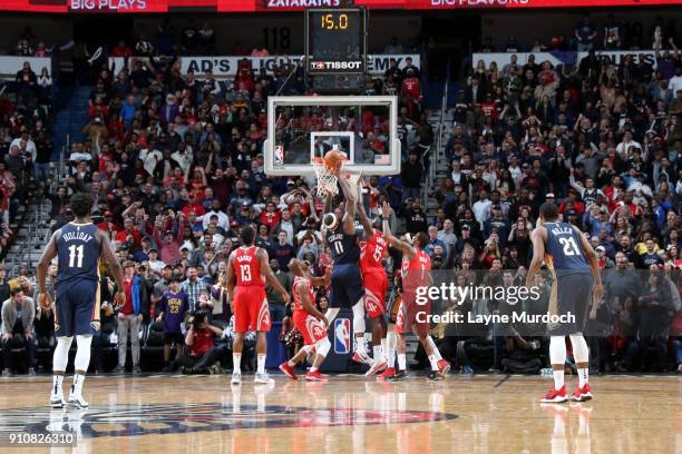 DeMarcus Cousins of the New Orleans Pelicans shoots the ball against the Houston Rockets on January 26, 2018 at Smoothie King Center in New Orleans,...