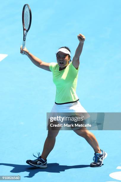 En Shuo Liang of Taipei celebrates winning match point in the Junior Girls' Singles Final against Clara Burel of France during at the Australian Open...